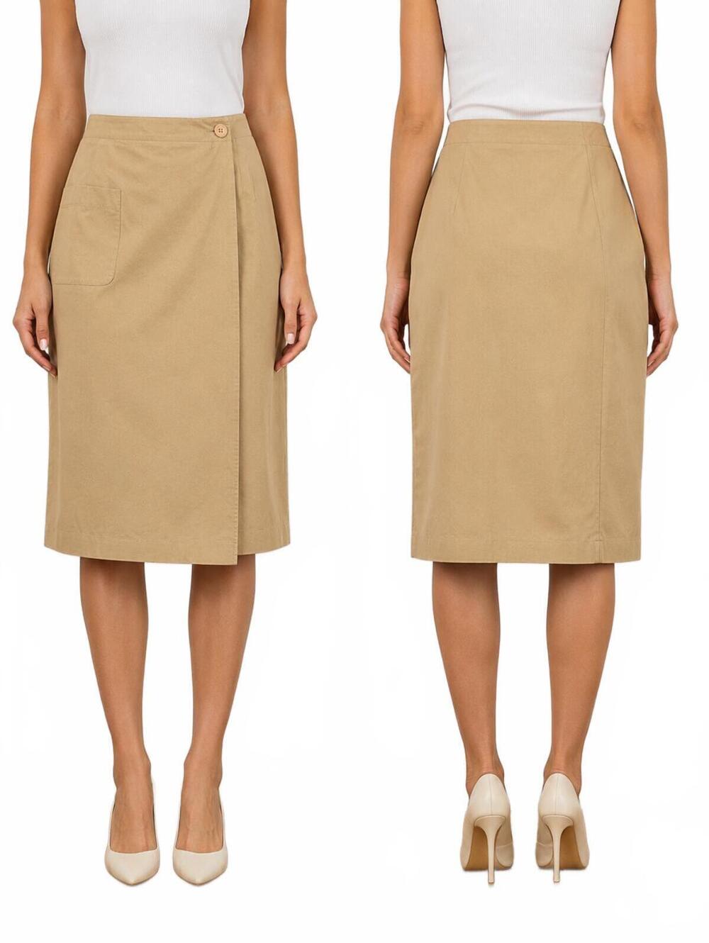 Liz Claiborne Lizsport Petite Tan Khaki Wrap Front Skirt Midi Length 100% Cotton